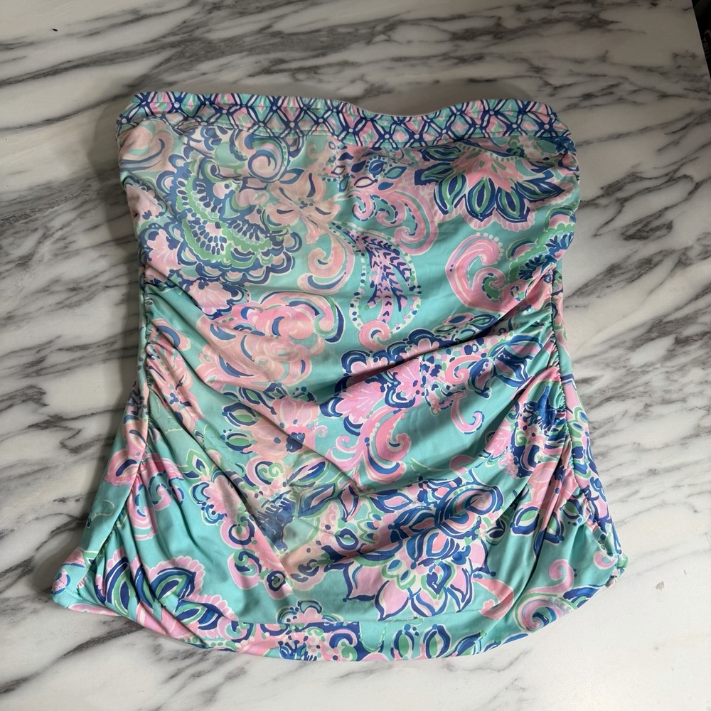 Lilly Pulitzer Size 8 Strapless Tankini Top Blue Pink Preppy Print Swimsuit